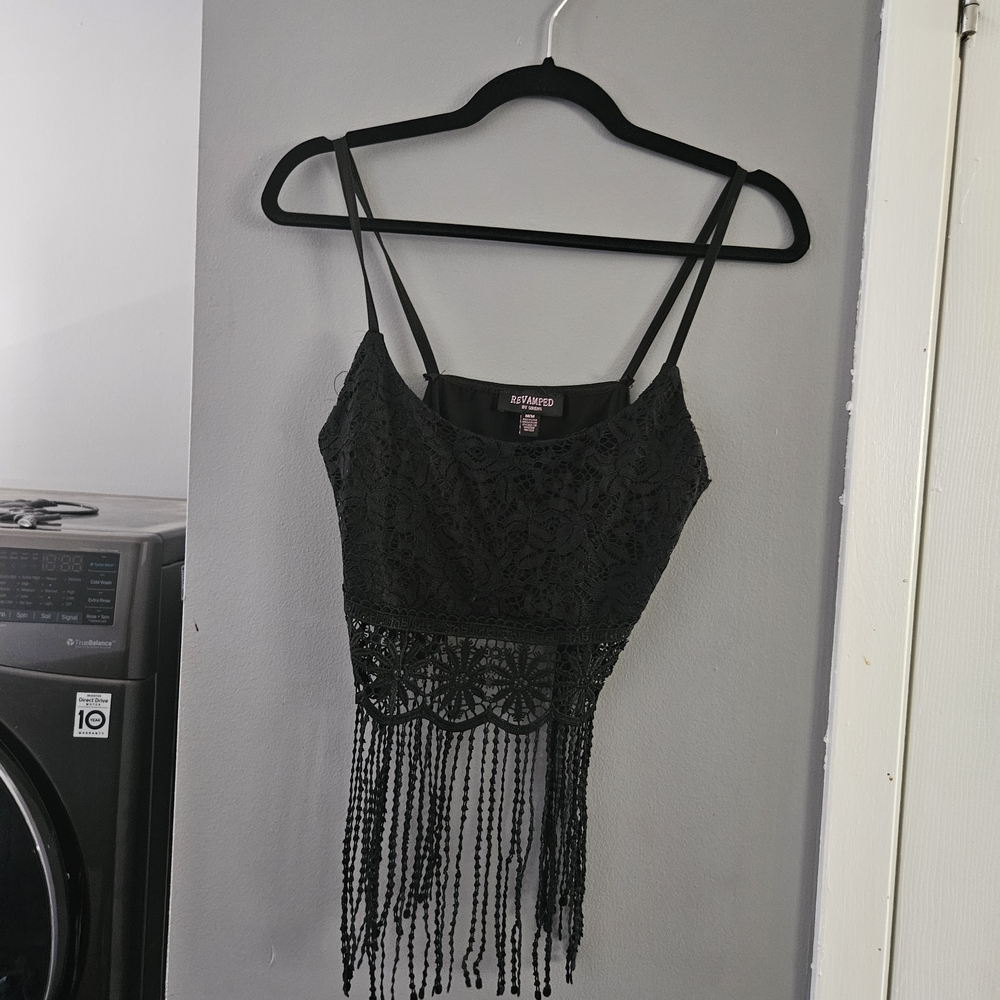 Revamped Black Lace Fringe Tank Top